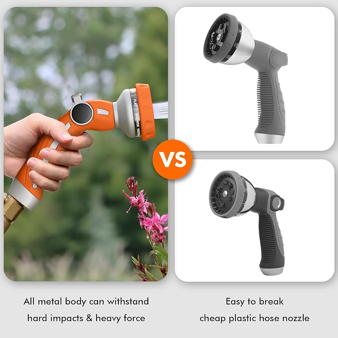 RESTMO Hose Nozzle Heavy Duty, Metal Water Hose Sprayer for Garden | 9 Spray Patterns, High Pressure, Thumb Flow Control, On/Off Valve, Ideal for Outdoor Lawn & Plant, Car & Pet, Orange