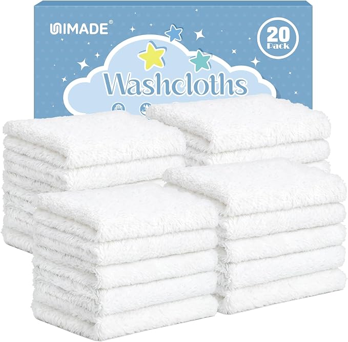 UNIMADE Baby Washcloths, 20 Pack Microfiber Coral Fleece Wash Cloths, Extra Absorbent Baby Towels for Newborns, Infants and Toddlers, Gentle on Sensitive Skin for Face and Body - 7" × 9", White