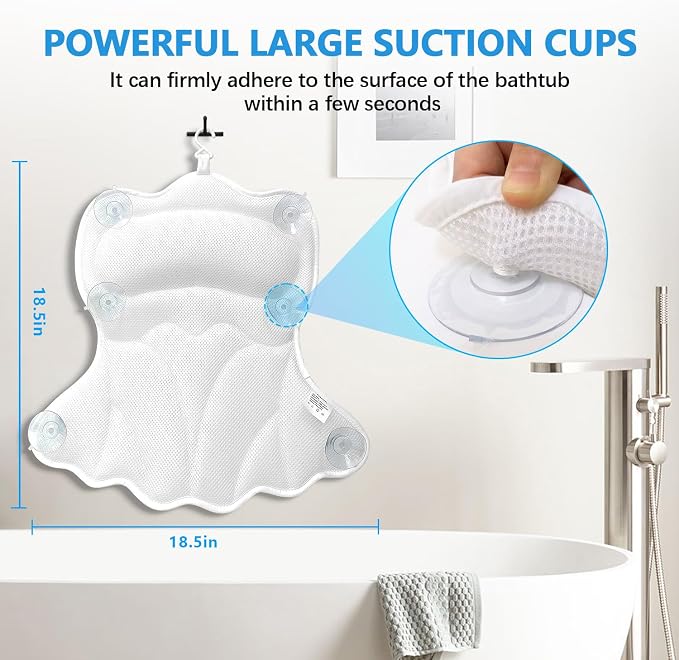 REEZEIVI Bath Pillows for Tub,Bath Pillow with 6 Non-Slip Suction Cups,Soft 4D Mesh Fabric,Bathtub Pillows for Tub Neck and Back Support,Extra Thick Luxury Bathtub Pillows,White
