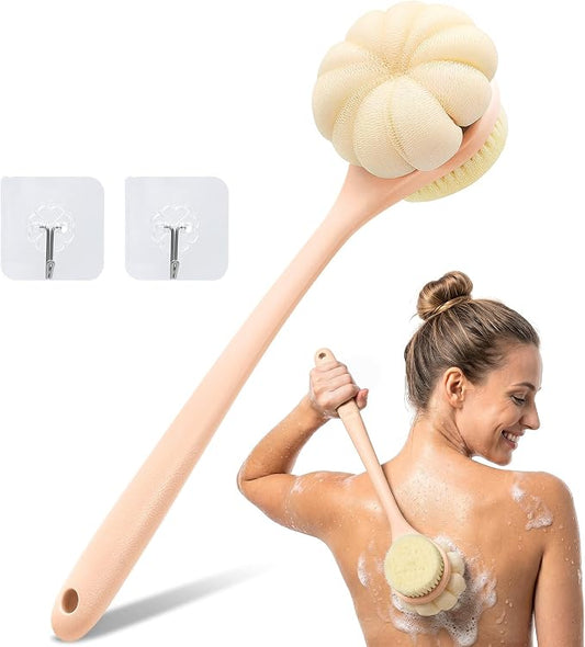 Back Scrubber for Shower with Long Handle, Double-Sided Shower Brush for Body, Loofah Back Scrubber & Bristle Bath Brush, Back Brush for Shower Exfoliating Hard-to-Reach Areas, Bath Brush Long Handle