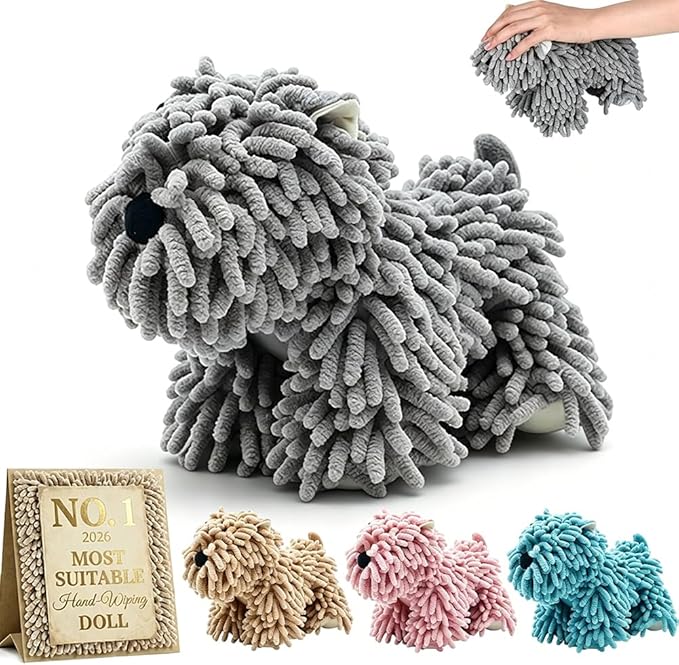 Dog Towel Shaped Hand Chenille Animal Towels for Bathroom Microfiber Puppy Bath Kids Drying Plush Stuffed Paw Absorbent Hands Puppy-Shaped Cute Kitchen Fuzzy Ball Soft Puppy-Themed Shape (Gray)