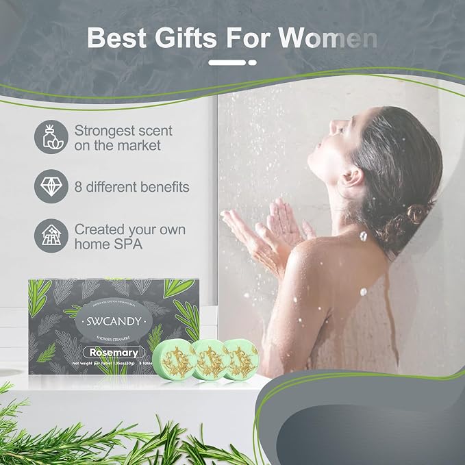 SWCANDY Rosemary Shower Steamers 8 Pack, Home Spa Self Care | Herbal green aromatherapy with natural essential oils; shower gift for women, men, wife & husband.