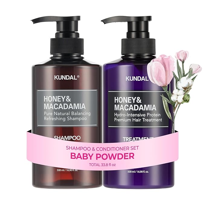 KUNDAL Honey & Macadamia Korean Hair Care Shampoo & Conditioner Set, Baby Powder, 16.9 Fl Oz Pack of 2 - Salon Quality, Helps Hair Feel Moisturized, Argan Oil, Sulfate Free, Long Lasting Scent