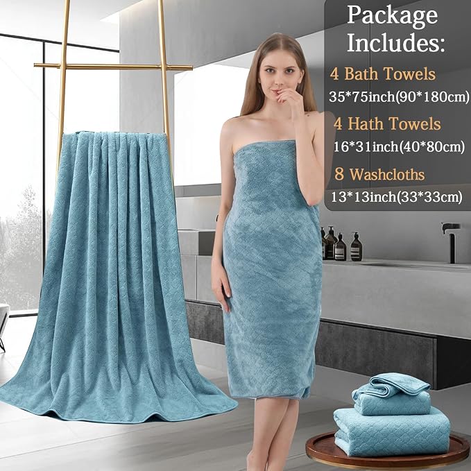 Ycosy 8-Piece Bath Towels Set,2 Oversized Large Bath Towels Sheet,2 Hand Towels and 4 Washcloths - 600 GSM Soft Luxury Towel Set,Highly Absorbent Quick Dry Towel Collection for Bathroom,Hotel and Spa