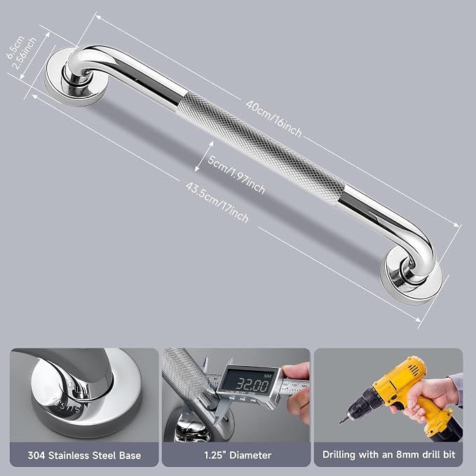 16 Inch Shower Grab Bar 1.25" Dia, 2 Pack Chrome Anti Slip Bathroom Grab Bar, 304 Stainless Steel Knurled Handicap Grab Bars, Safety Support Handrail,Bath Shower Handle for Elderly Injury Senior