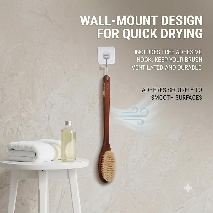Wooden Bath Brush with Gentle Bristles Long Handle for Shower Back Scrubber Body Exfoliator (Gental Boar Bristle)
