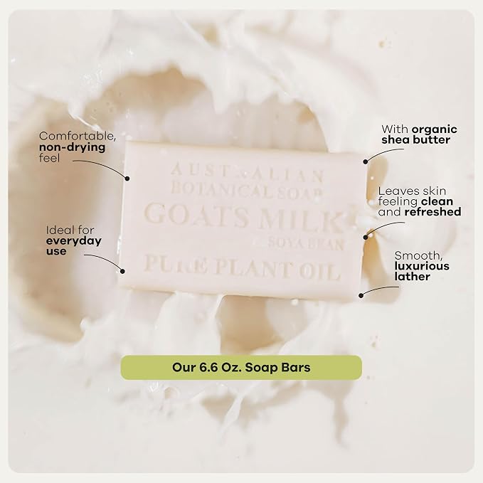 Australian Botanical Soap Goats Milk Bars, 6.6 oz Each, Pack of 8, Triple Milled with Soya Bean Oil & Organic African Shea Butter, Cleansing Bar Soap, Packaging May Vary