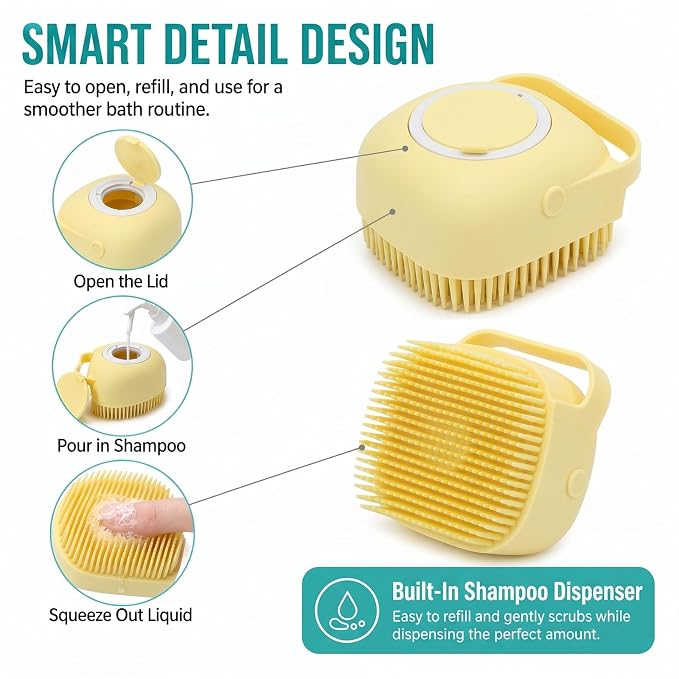 Soft Silicone Pet Bath Massage Brush for Dogs & Cats, Gentle Grooming Cleaning Tool for Puppy Kitten Washing, yellow