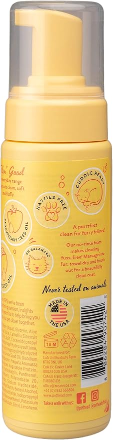 Pet Head Felin' Good Cat No Rinse Foam | Fruity Scent with Aloe Vera | Dry Cat Shampoo for Smelly Cats | Vegan | Lick-Safe | Gentle Formula for Kittens | Made in USA | 6.7 fl. oz.