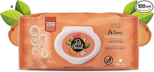 Pet Head Quick Fix Paw and Body Wipes for Cats and Dogs | Peach Scent with Aloe Vera | Biodegradable Pet Hygiene Cleaning Wipes | pH-Neutral | Vegan | For an Easy & Speedy Freshen-Up | 100 pack
