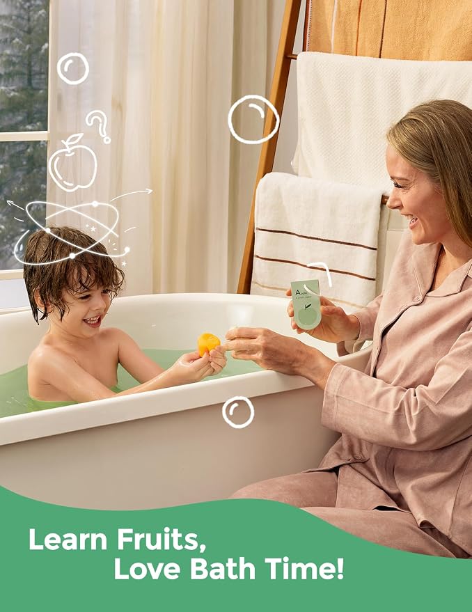 Momcozy 14 Count Natural Fruit‑Shaped Bath Bomb with Premium Essential Oils, Educational & Playful Bath Time Essentials, Kid‑Friendly Bath Fizzies Gift Set in 7 Adorable Fruit Designs