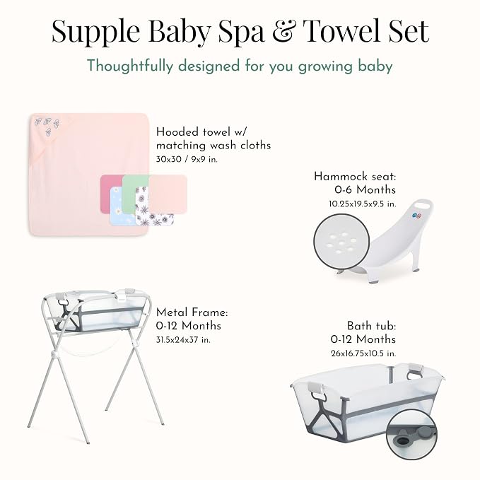 Evolur Supple Spa Kit with Towel, Includes Supple Baby Spa Set, Complementary Good Knight Hooded Towel & 5-Piece Washcloth Set in Pink, Spa Set Includes Bath Tub, Hammock Seat and Metal Frame