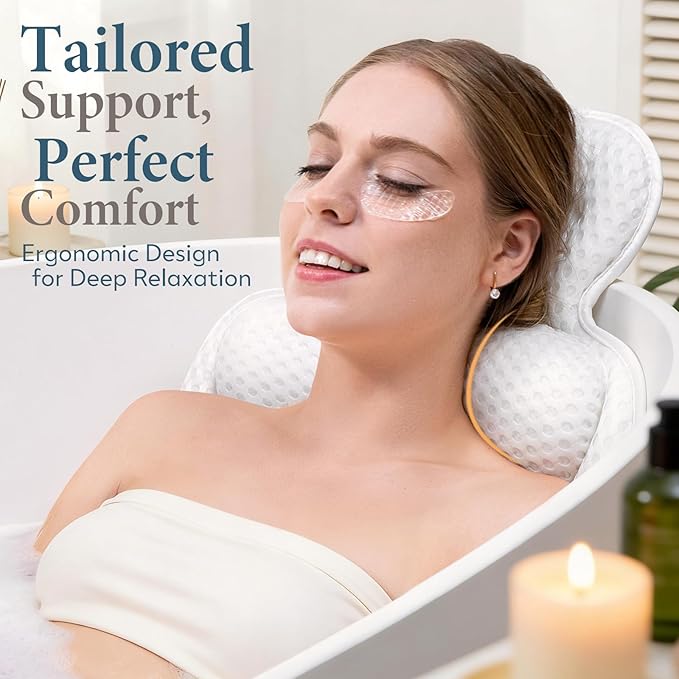 Bath Pillows for Tub, Comfortable Bathtub Cushion for Head and Neck with Soft 3D Mesh Fabric and 54 Non-Slip Suction Cups, Relaxing Tub and Shower Accessories Spa Gift White Extra Thick