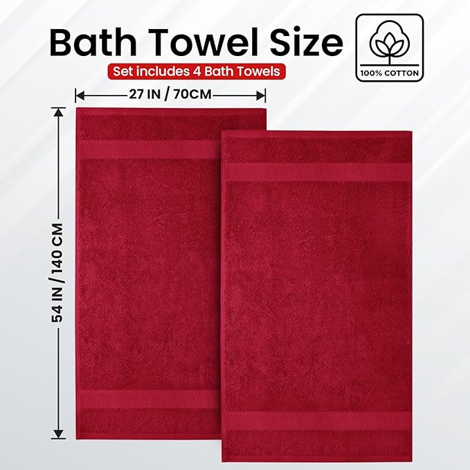 Infinitee Xclusives Luxury 100% Ring-Spun Cotton Bath Towels Set of 4 (27x54 inches) – Soft, Absorbent & Quick-Drying Towels for Bathroom, Gym, Spa & Hotel Use (Burgundy, Bath Towels)
