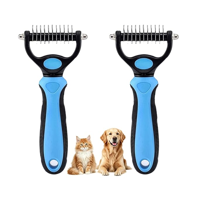 Dematting Comb for Dogs and Cats, Undercoat Rake Pet Brush for Long Hair, Deshedding Dog Brush Removes Tangles Knots and Loose Fur, Grooming Tool for Thick Coats (Blue M*2)