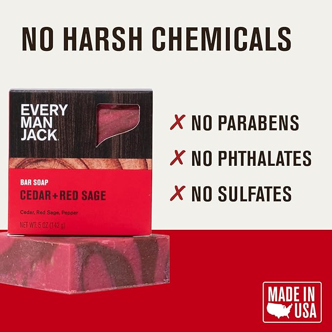 Every Man Jack Cold Processed Mens Bar Soap - Cedar + Red Sage Scent - Deeply Cleans & Hydrates with Shea Butter and Coconut Oil - (3 Pack)