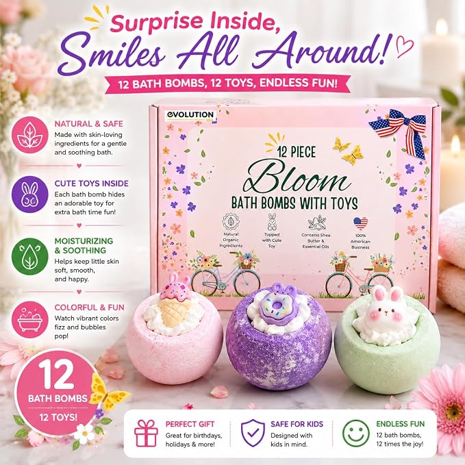 EvolutionUSA 12 Bloom Bath Bombs with Toys - Adorable Girl Bath Bomb Set, Bubbly Kids Bathbombs, Fizzy Bath Ball, Kids Bath Bombs for Girls, Childrens Bath Bomb Set Easter, Birthday, Christmas Gift