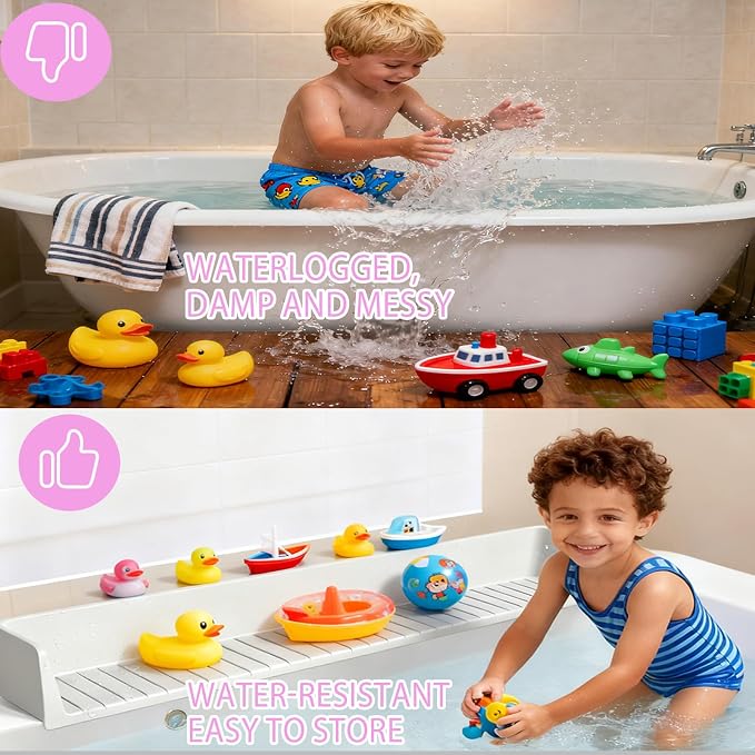 Longer Bath Tub Splash Guard for Kids,Silicone Bath Toy Holder for Bathtub,Prevent Water Spills in Bathroom,Fun-Filled Bath Time for Toddlers Including Bath Brush and Toy Storage Bag (White)