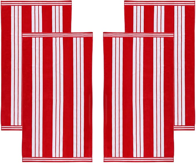 Superior Oversized Cotton Beach Towel Set of 2, Absorbent Towels for Bathroom, Pool, Swim, Adults, Kids, Vacation, Travel, Bath Sheet, Quick Dry Basics, Trip Essentials, Striped Decor, Red