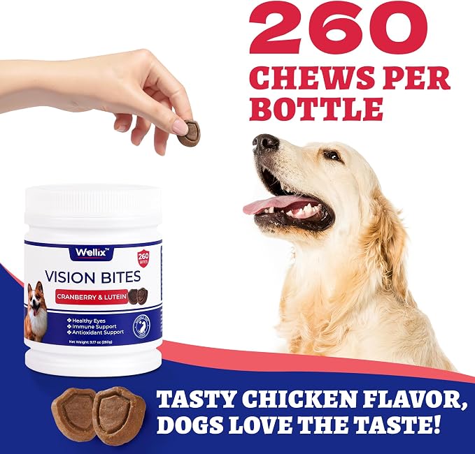 Wellix 260 Bites Vision Taurine for Dogs - Senior Eye Supplement with Cranberry, Lutein, Marshmallow Root, Vitamin - Tear Stain Remover for Puppy, Small Medium & Large Dogs