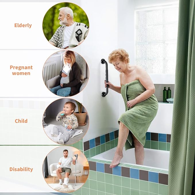 16 Inch Black Shower Grab Bar w/Anti Slip Rubber Grip, ZUEXT Stainless Steel Bath Grab Bar, Bathroom Balance Bar, Wall Mount Safety Handrail Support, Handicap Injury Elderly Senior Assist Handle