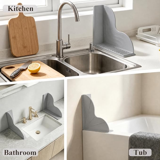 2-Pack Gray All-Silicone Bathtub Splash Guards. | No-Glue Corner Water Stopper with Secure Suction Cups, Easy On/Off Bath Tub Leak Proof Barrier for Walk-in Showers.