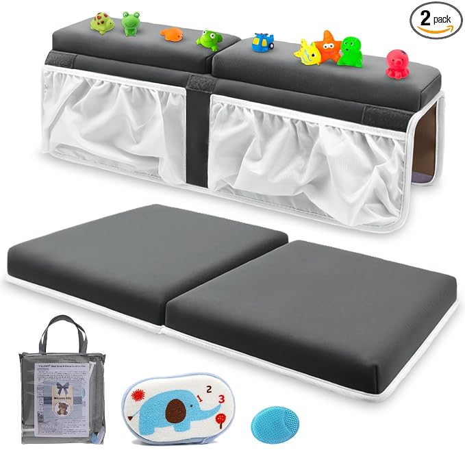 Bath Kneeler and Elbow Rest Set Baby Bath Kneeling Pad, Thick Non-Slip Bathing Kneeling Mat Cushion Quick Drying Bathtub Knee Saver with Arm Support and Pockets for Bathroom Bathing Time Comfort