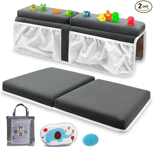 Bath Kneeler and Elbow Rest Set Baby Bath Kneeling Pad, Thick Non-Slip Bathing Kneeling Mat Cushion Quick Drying Bathtub Knee Saver with Arm Support and Pockets for Bathroom Bathing Time Comfort