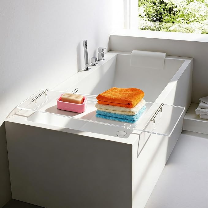 Bathtub Tray, Acrylic Tub Tray Shelf with Handles & Tablet Slots, Clear Bath Tub Caddy Rack with 11Lbs Capacity, for Home, Hotel, Homestay, SPA, Beauty Salon (39.4" x 9.5")