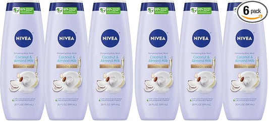 NIVEA Pampering Coconut and Almond Milk Body Wash with Nourishing Serum,Moisturizing Body Wash for Women,Enriched with Provitamin B5 and Vitamin E,20 Fl Oz Bottle,(Pack of 6)