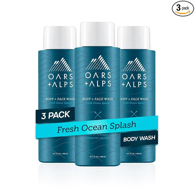 Oars + Alps Men's Moisturizing Face & Body Wash, Body Wash with Vitamin E and Antioxidants, Sulfate Free, Fresh Ocean Splash, 3pk