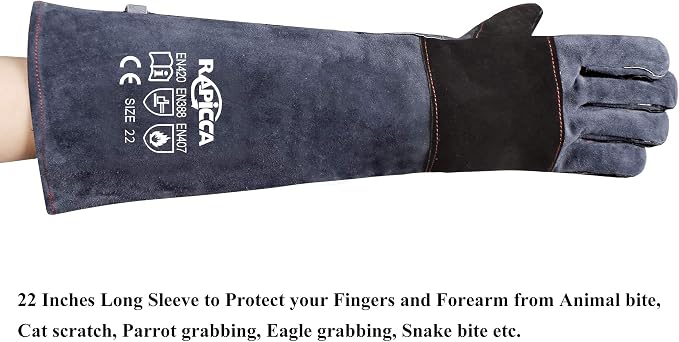 RAPICCA Animal Handling Gloves, Bite Proof Double Leather, 22 in Grey-Black | For Dog, Cat, Bird, Falconry, Snake & Reptile Handling; Vets, Groomers & Animal Control Teams