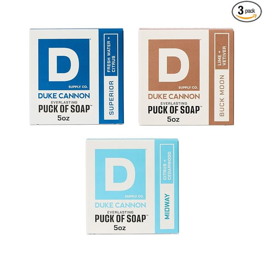 Duke Cannon Supply Co. Men's Bar Soap Puck 3-Pack Bundle – Superior, Buck Moon & Midway Scents – Triple-Milled Hydrating Disc-Shaped Soap for Men, 5 oz Each