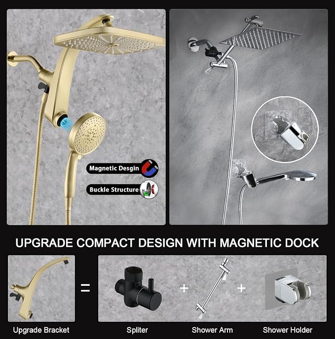 BOZYBO Rain Shower Head with Handheld: High Pressure Shower Heads with Handheld Spray Combo, 12" Rainfall Shower Head and 9 Sprays Hand Showerheads with Magnetic Docking and Power Jets, Gold 1.75GPM