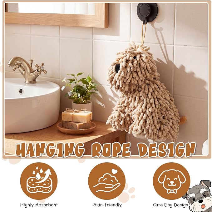 Tegeme 1 Pcs Chenille Dog Hand Towel Fuzzy Towel Absorbent Microfiber Soft for Bathroom Kitchen Washstand (Khaki,Siting Dog)
