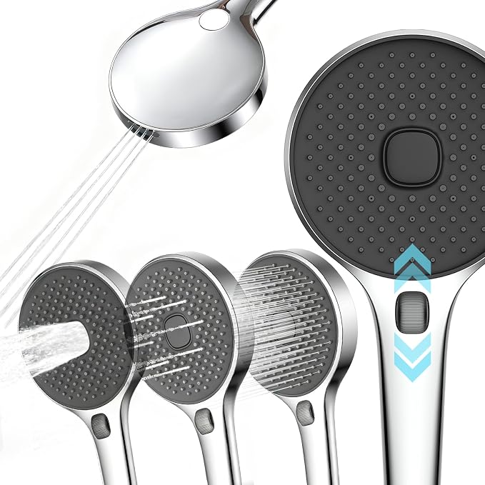 Handheld Shower Head with Scroll Wheel Flow Control, 4 Spray Settings with Built-in Continuous Power Wash, High Pressure Showerhead for Adults, Babies & Pets, Chrome (silver) (silver)