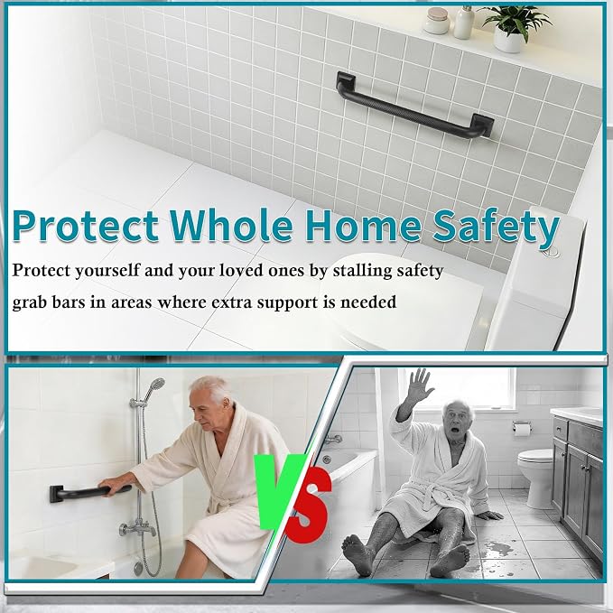 Shower Grab Bars for Seniors, 18 Inch Square Matte Black Bathroom Handle for Wall, Stainless Steel Anti Slip Bathtub Safety Bar, ADA Compliant 500 LBS Hand Rail for Elderly, Handicap