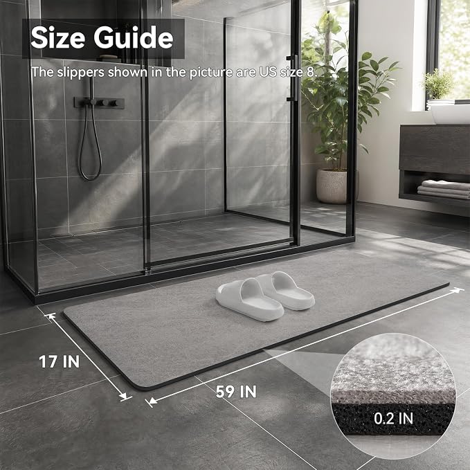 MontVoo -Bath Mat Rug-Rubber Backing Non Slip Quick Dry Absorbent Thin Bathroom Rugs Fit Under Door-Faux Suede Surface Bathroom Floor Mats-Shower Rug for in Front of Bathtub Shower Gray 17"x59"