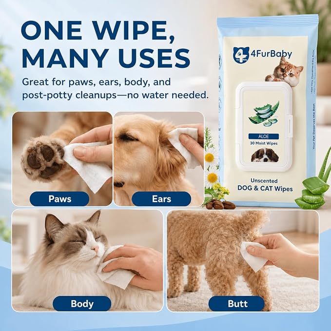Dog Wipes for Paws and Butt, Unscented, 30 Count | 8" x 8" hypoallergenic and hydrating pet grooming wipes for dogs, cats, and daily care