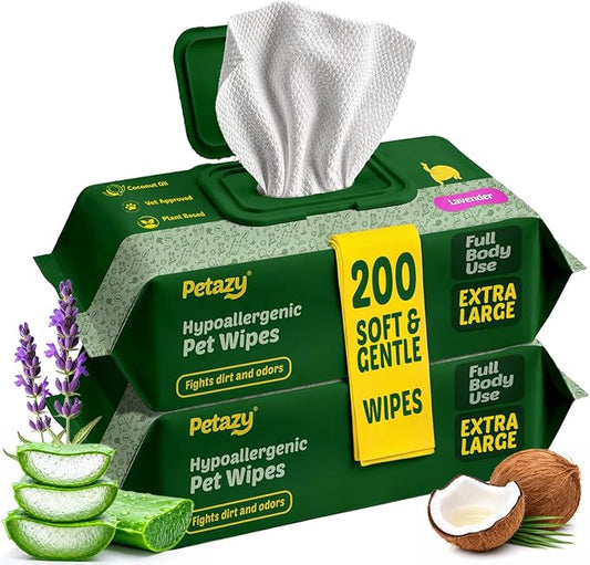 Petazy Pet Wipes for Dogs and Cats – 200 Count (8x8in) Hypoallergenic, Deodorizing Dog Wipes for Paws, Ears and Butt | XL with Aloe & Coconut Oil, Lavender Scented | Travel Size, 2 On-the-Go Packs