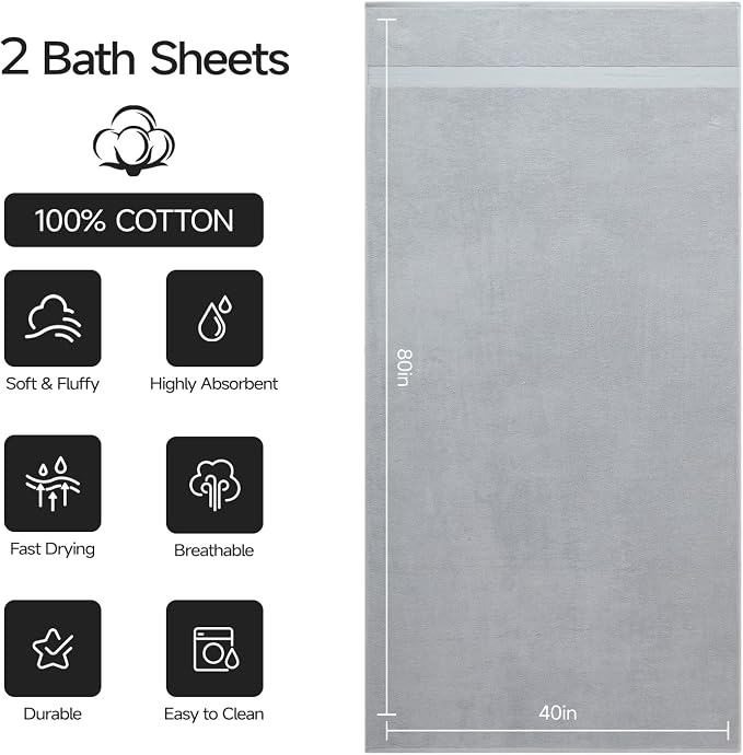REDKISS Jumbo Bath Sheet 2 Piece, 40x80 Inches 100% Cotton Extra Large Bath Towel for Bathroom, Gray