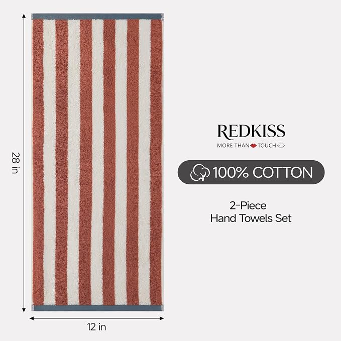 REDKISS Brown Striped Hand Towels for Bathroom, Kitchen Decor, Guest Use, Ultra Soft and Highly Absorbent for Kids Adults, 100% Cotton, 12” x 28”, 2 Pack