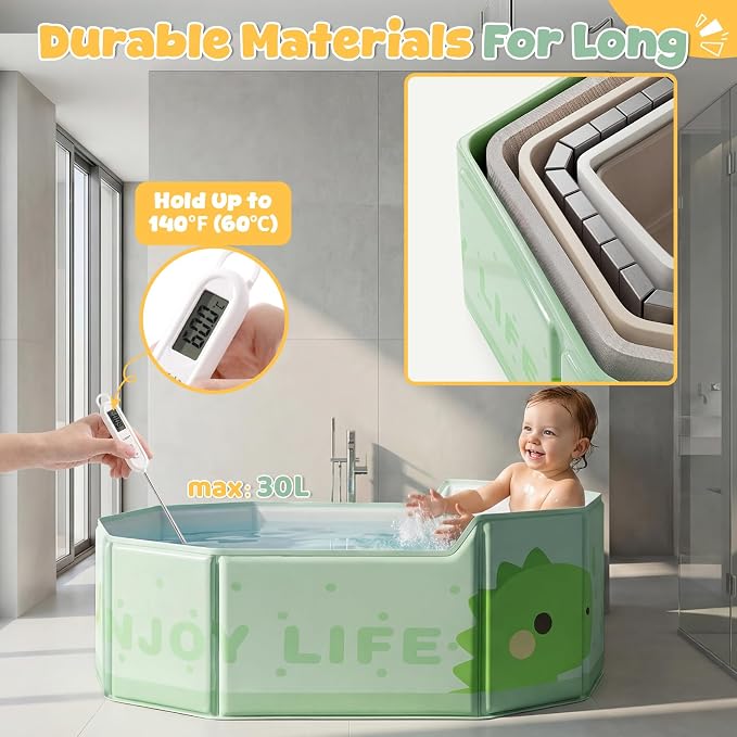 Orzbow Collapsible Baby Bathtub with Temperature Sticker, Portable Toddler Bathtub with Side Drain Plug, Travel Baby Bath Tub for 6 Months+, Easy to Clean, Stable & Durable, Folds to Store, Green