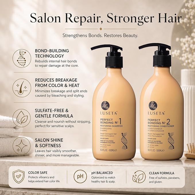 LUSETA Bond Repair & Revitalizing Shampoo and Conditioner Set for Chemically Damaged Hair. Deep Moisture to Smooth Frizz & Add Shine. Strengthens Hair Structure with Rosemary & Marula Oils, 2x16.9 oz