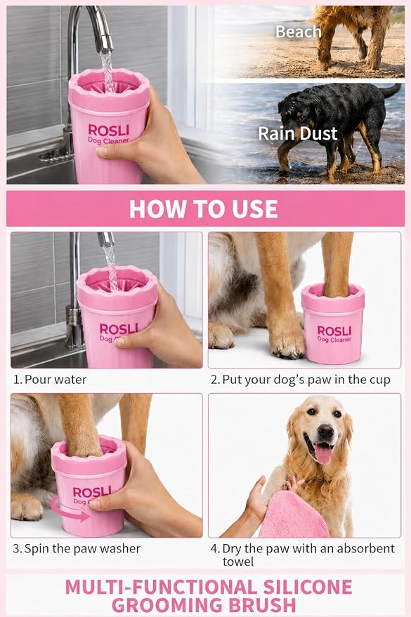 ROSLI Dog Paw Cleaner Cup - Portable Pet Paw Washer for Dogs - Deep Cleaning Mud & Dirt - Silicone Brush - Easy to Use & Wash (Pink, Small)
