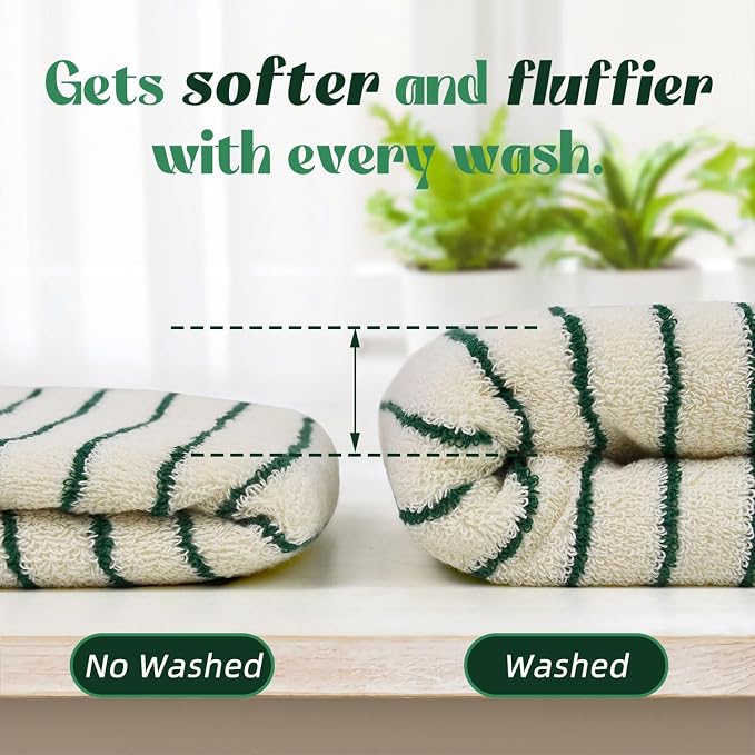 Jacquotha Green Striped Hand Towels for Kitchen, Vintage Bathroom Decor, Natural Cotton Tea Towel, 14” x 29”