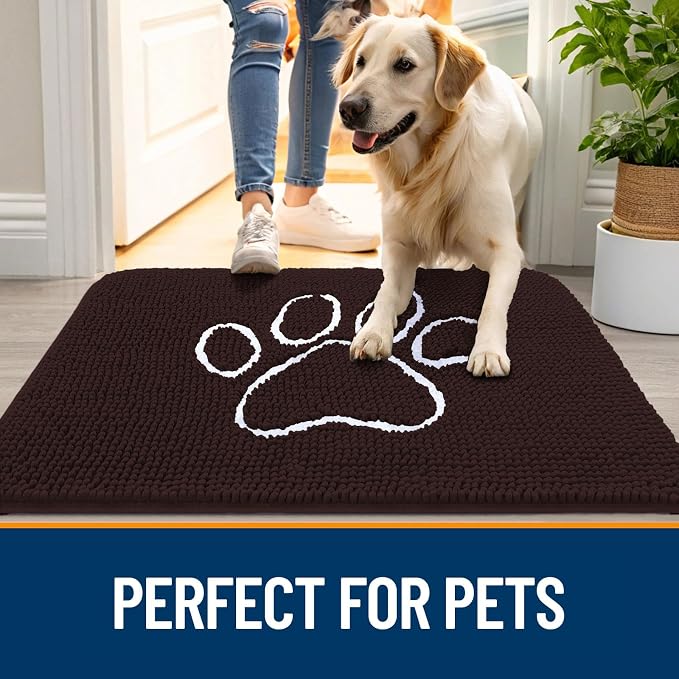 OLANLY Dog Door Mat for Muddy Paws 44x24, Paw Print Design, Absorbs Moisture and Dirt, Absorbent Non-Slip Washable Doormat, Quick Dry Chenille Mud Mat for Dogs, Entry Indoor Entryway Carpet, Brown