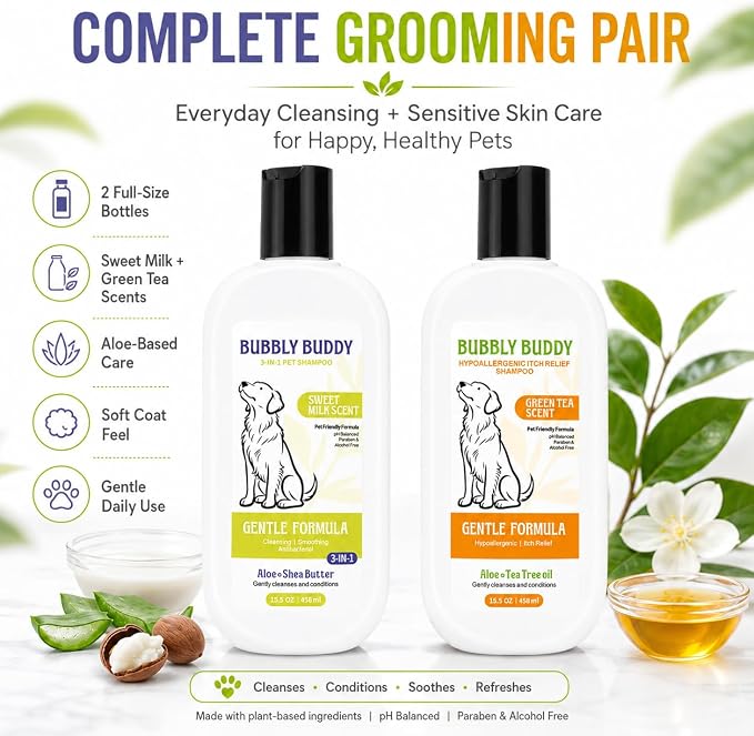 Dog Shampoo 2-Pack, 3-in-1 Sweet Milk Scent Dog Shampoo 15.5 fl oz + Hypoallergenic Itch Relief Shampoo 15.5 fl oz Green Tea Scent, Sensitive Skin & Soft Coat Care