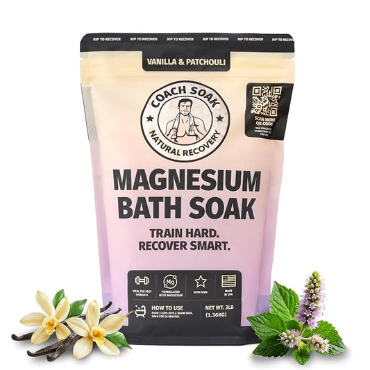 Coach Soak Magnesium Bath Soak - 3 lb, Vanilla & Patchouli Bath Salts | Epsom Salt Alternative, Fast-Absorbing Pure Flakes & Dead Sea Minerals for Relaxation & Soothing Relief