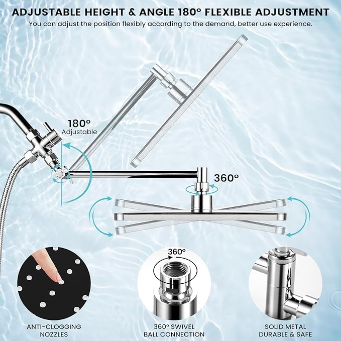 Shower Head with Handheld,11.8 Inch Large Rectangular Rain Shower Head with 5 Modes Handheld Spray Combo,Adjustable Double Shower Heads with Holder and 11'' Extension Arm,Chrome